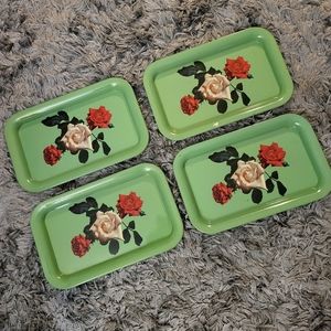 4~VTG Mid Century Modern Metal Serving Tray Teal Green Roses 14" x 9" MCM